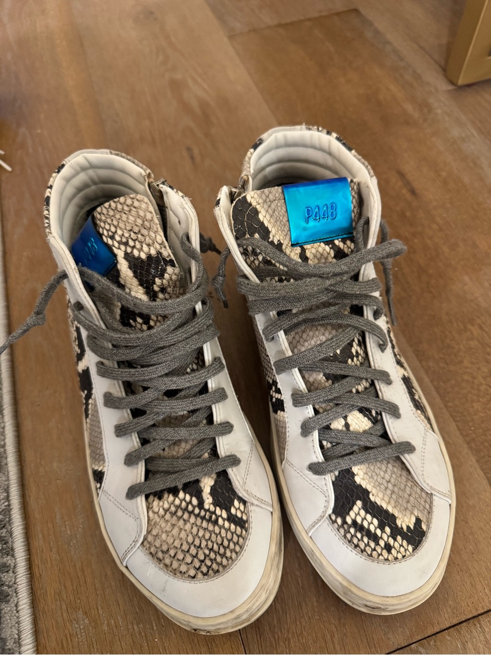 P448 Snakeskin-Print High Top Sneakers in White and Beige